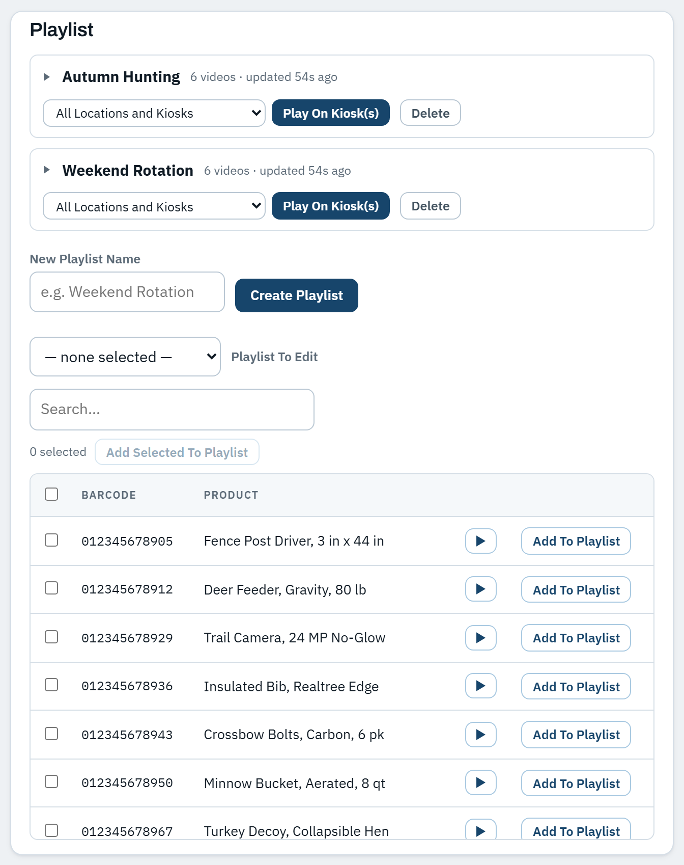 The Video Loops page: a New Playlist Name field with a Create Playlist button, the existing playlists each with a Play On Kiosk(s) button, and the video table underneath with Add To Playlist on each row.