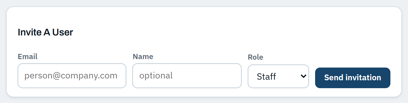 The Invite A User form with fields for email, name and role, and a Send invitation button.